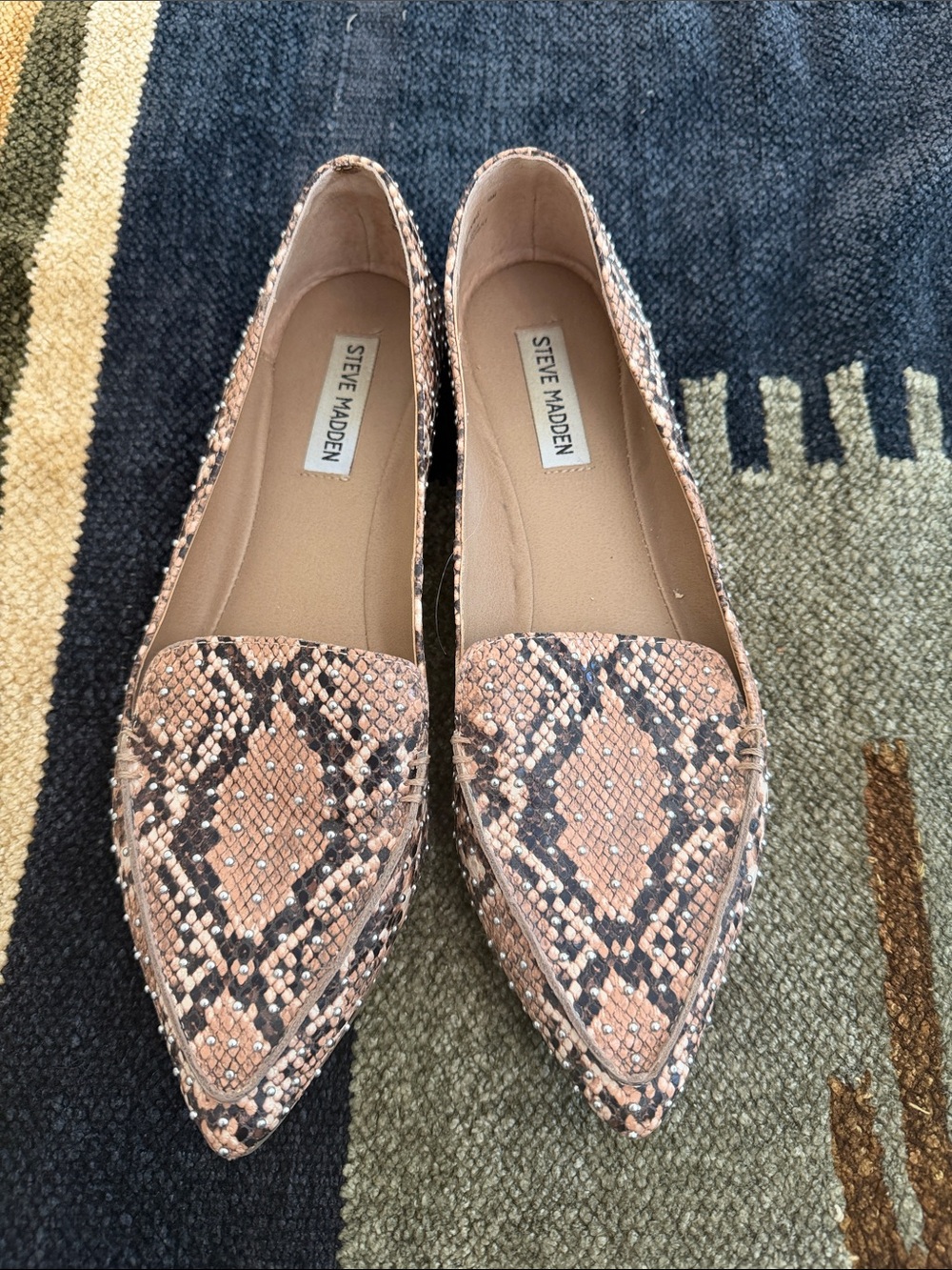 Steve Madden Snake-Print Pointed Loafers in Blush and Black